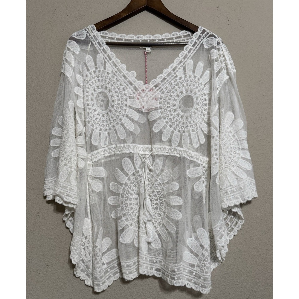 UMGEE L Cover-Up Lace Floral Kaftan Beach Fairy Boho Off-White Coastal Hippie